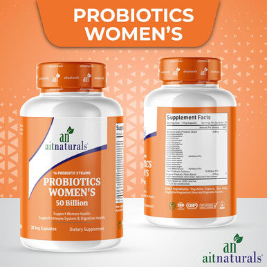 Aitnaturals Probiotics Women's-50 Billion (30 Capsules) | 15 Probiotics + Organic Prebiotic Fiber Promotes Digestive Wellness Support Immune System Bloating Bowel Movement Vaginal & Urinary Health