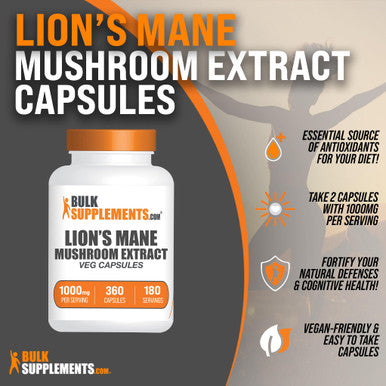 Bulksupplements.Com Lion'S Mane Mushroom Capsules - Lions Mane Supplement Capsules, Lion'S Mane Capsules - Lion'S Mane Extract, 2 Capsules Per Serving, 360 Veg Capsules (Pack Of 1)