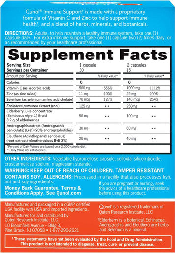 Qunol Immune Support Vegetarian Capsules 7 in 1 Immunity Defense Booster Supplement Vitamin C Zinc Elderberry Echinacea Selenium Eleuthero and Andrographis 30 Count