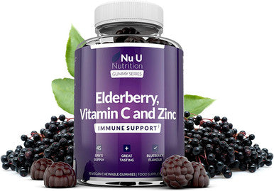 Elderberry Gummies for Adults & Kids - 90 Gummies with Sambucus Black Elderberry, Vitamin C & Zinc - Immune System Booster - Blueberry Flavour - Vegan & Vegetarian