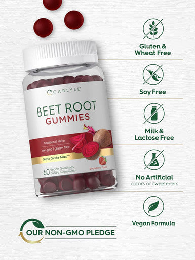 Carlyle Beet Root Gummies | 60 Count | Vegan Strawberry Flavored Chewable Supplement | Non-GMO Gluten