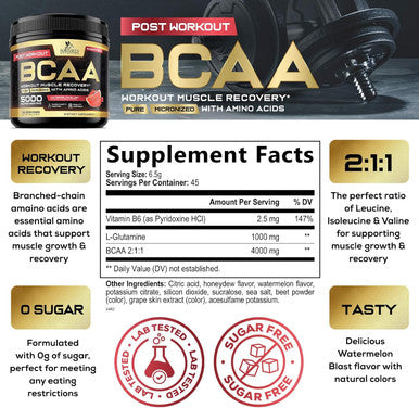 Nature'S Nutrition BCAA Powder 4g BCAAs 2:1:1 1g Glutamine B6 - Pre Workout Drink Energy Boost & Post Workout Muscle Recovery Amino Acids Supplement for Men & Women - Keto Sugar Watermelon Flavor - 45 Servings