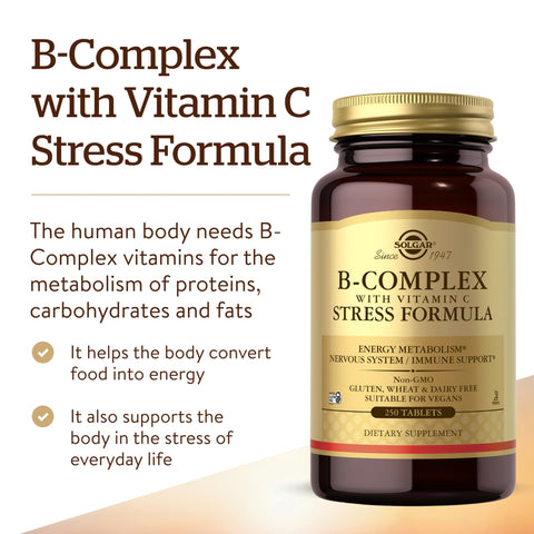 Solgar B-Complex With Vitamin C Stress Formula 250 Tablets - Energy Metabolism Nervous System & Immune Support - Non-Gmo Vegan Gluten Free Dairy Free Kosher 125 Servings