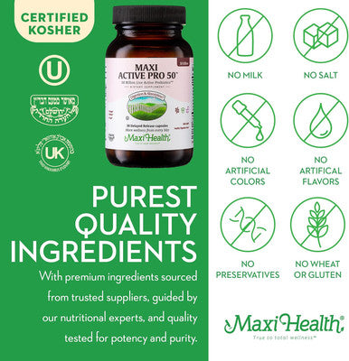 Maxi Health Probiotic Plus Ultimate Prebiotic Advanced Live Probiotics Formula - 50 Billion Live Active Probiotic - 15 Strains - Ultra Protection - Active Pro-50-30 Count