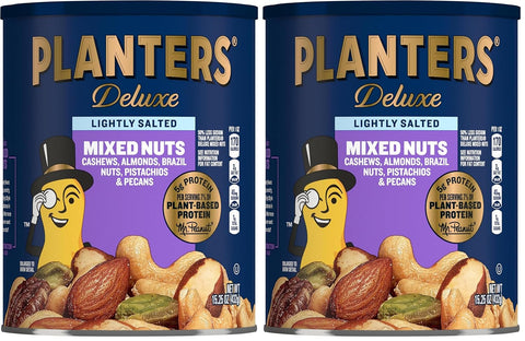PLANTERS Deluxe Unsalted Mixed Nuts, Plant Based Protein, 15.25 Oz (1 Ct) | Mixed Nuts: Cashews, Almonds, Brazil Nuts, Pistachios, Pecans. Snacks for Adults. Resealable Canister. Party Snack