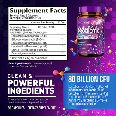 Built Nature 80 Billion Cfu Probiotic - Daily Digestive Gut Health Supplement For Men & Women - Lactobacillus Acidophilus, Bifidobacterium & Prebiotics - Non-Gmo, Gluten & Dairy Free, Shelf-Stable - 60 Capsules