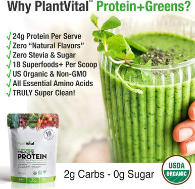 Plantvital Unflavored Organic Vegan Protein Powder - 18 Superfoods, Veggies And Probiotics - Organic Plant-Based Protein Powder - All Bcaa S, Gluten - 16Oz (Pack Of 2)