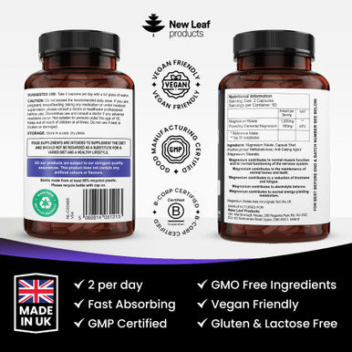 Magnesium Supplements 1200mg - Pure Magnesium Malate Capsules - Bones & Sleep Support - High Absorption Elemental - Vegan High Strength 2 Months Supply