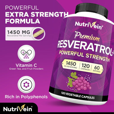 Nutrivein Resveratrol 1450Mg - Antioxidant Supplement 120 Capsules Supports Healthy Aging & Promotes Immune, Brain Boost & Joint Support - Made With Trans-Resveratrol, Green Tea Leaf, Acai Berry