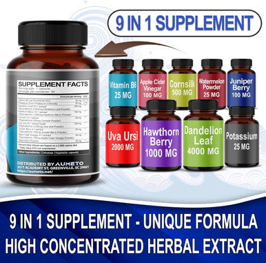 Aumeto Ultra Natural Water Out Pills with Uva Ursi Hawthorn Berry Dandelion Corn Silk - Full Body Cleanse and Kidney & Stomach Support (90 Count (Pack of 1))