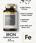 Iron Ferrous Sulfate 65 Mg | 400 Tablets | Non-Gmo, Gluten Free, And Vegetarian Supplement | High Potency | By Carlyle