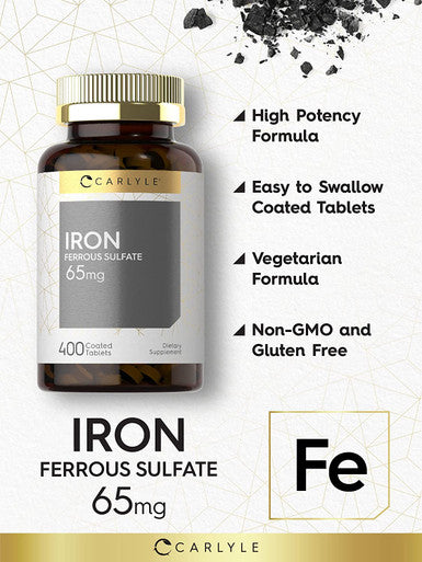 Iron Ferrous Sulfate 65 Mg | 400 Tablets | Non-Gmo, Gluten Free, And Vegetarian Supplement | High Potency | By Carlyle