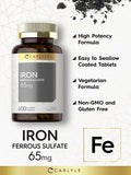 Iron Ferrous Sulfate 65 Mg | 400 Tablets | Non-Gmo, Gluten Free, And Vegetarian Supplement | High Potency | By Carlyle