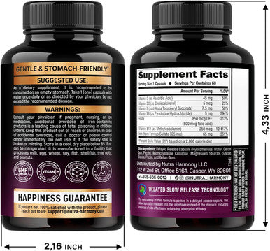 Iron Supplement For Women - Iron 65Mg (Ferrous Sulfate 325Mg) - Stomach Friendly Slow Release Iron High Absorption - Vitamins C, D3, B6, B12 & Folate - Iron Level & Energy Support - 60 Capsules