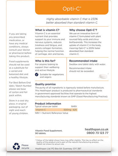 Healthspan Opti Vitamin C 500mg | 90 Tablets | 233% Better Absorbed Than Standard Vitamin C | Safeguards Immune Health & Nervous System | Support Energy Levels & Healthy Cartilage | Vegan