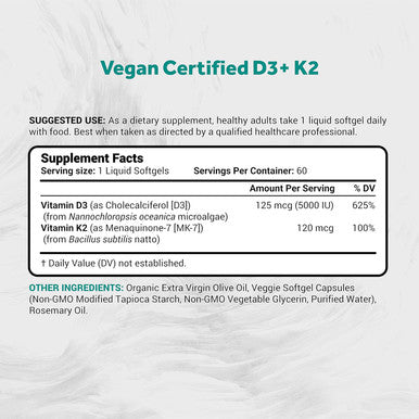 Naturalis Vegan Vitamin D3 + K2 From Algae 5000Iu Vitamin D With 120Mcg Mk7 Vitamin K Vegan Society Certified, Sustainably Sourced, Better Than Animal Derived 60 Veggie Softgels