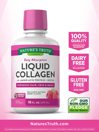 Nature's Truth Liquid Collagen 16 oz Non-GMO, Gluten Supplement Natural Berry Flavor Collagen Peptide Formula for Women and Men, Off-White (469467)