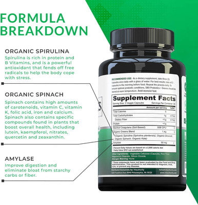 SBO Probiotic Organic Greens Superfood Blend Vegan Probiotics 50 Billion CFUs Per Serving Organic Spirulina Kale Broccoli Spinach for Improved Digestion and Immunity ShelfStable Supplement