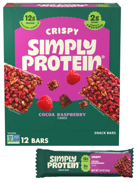 Simply Protein - Dark Chocolate Almond Crispy Bars - Plant Based Protein Bars - Low Carb, Low Sugar, High Fiber - 13g Protein, 2g Sugar, 7g Fiber - Vegan, Gluten Free, Non GMO, Kosher - 32 Bars
