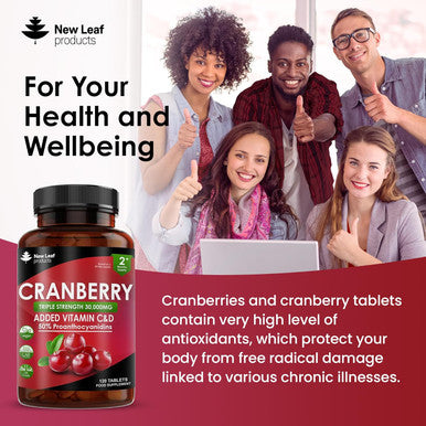 Cranberry Tablets Triple Strength 30,000Mg - 120 Cranberry Supplements Enriched With Vitamin C & D - Cranberry Supplements For Women And Men - Vegan Cranberry Tablets Made In Uk By Leaf