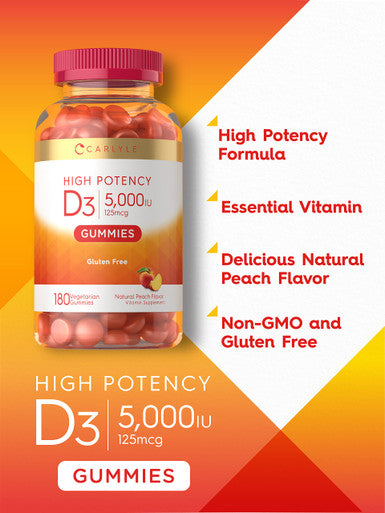 Carlyle Vitamin D Gummies | 5000Iu | 180 Count | Vegetarian, Non-Gmo, And Gluten Free Formula | High Potency Vitamin D3 Supplemen