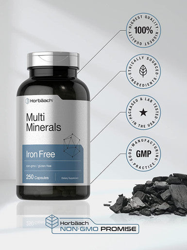 Multi Minerals Supplement | 250 Capsules | Iron Free | Non-GMO, Gluten Free | Complex for Women and Men | by Horbaach