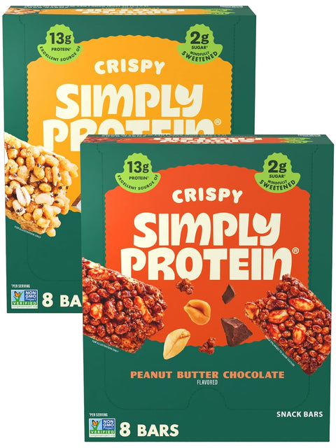 Simply Protein - Crispy Bars Variety Pack, Peanut Butter + Dark Chocolate Almond - Plant Based Protein Bars - 13g Protein, 2g Sugar, 7g Fiber - Vegan, Gluten Free, Non GMO - 16 Bars, 2 Boxes