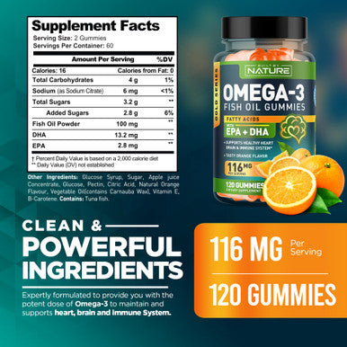 Built Nature Omega 3 Fish Oil Gummies With Epa & Dha From Wild Fish - Triple Strength Omega 3 Fish Oil Gummy, Supports Healthy Heart, Brain & Immune System, Burpless & Natural - 120 Gummies, 60 Day Supply