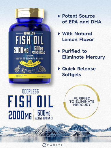 Carlyle Fish Oil 2000mg | 600mg Omega 3 with EPA & DHA | 90 Odorless Softgels | Lemon Flavored Supplement | Non-GMO & Gluten Pills
