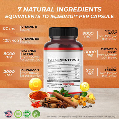 Ultra Herbs Cayenne Pepper 7 IN 1 - 16250mg - with Ginger Turmeric Cinnamon Black Pepper - Promotes Digestive System Function (150-day supply (pack of 1))