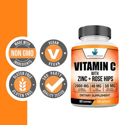 American Standard Supplements Vitamin C 2000Mg, Zinc 40Mg, And Rose Hips 50Mg Per Serving ÃƒÂ¢Ã¢â€šÂ¬Ã¢â‚¬Å“ Vegan, Gluten Free, Non-Gmo, 120 Capsules, 60 Servings