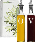 GREENOLIVE Olive Oil and Vinegar Dispenser Set - 17 oz. Glass Bottles with No-Drip BPA-Free Spouts - Stylish O and V Identifiers for Kitchen and Dining Use - Set of 2