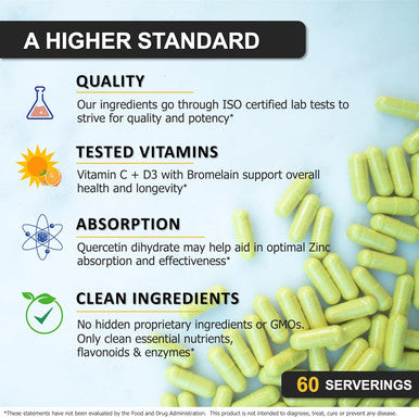 Zinc Quercetin 500Mg With Vitamin C Vitamin D3 Bromelain Immune Support High Potency Quercetin Zinc Supplement Zqv By Spartis (Pack Of 1 Bottle At 120-Caps)