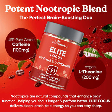 Eu Natural Elite Caffeine Pills with L-Theanine Jitter- Focused Energy Supplements Clean & Natural Nootropic Stack for Smart Cognitive Performance 120 Soft Capsules