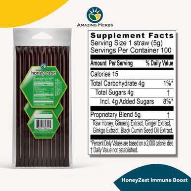 Amazing Herbs Raw Natural Honey - Herbal Honey Infused With Ecea, Elderberry, Garlic, Eucalyptus Extracts & Pure Black Seed Oil, Non Gmo, Gluten Free - Honeyzest Immune Boost Straws, 12 Count
