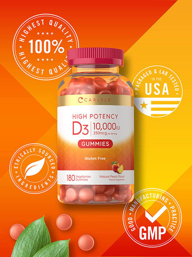 Carlyle Vitamin D3 Gummies | 10,000 iu | 180 Count | Vegetarian, Non-GMO, and Gluten Free Formula | High Potency Vitamin D Supplement | Natural Peach Flavored Gummies