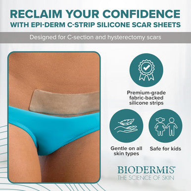 Epi-Derm C-Strips, Premium Grade Silicone Scar Sheets For C-Section, Tummy Tuck, Cardiac Surgery Scars, Easy To Use & Reusable Silicone Gel Sheets For Scars, 1.4 X 6 In - 1 Pack, Natural