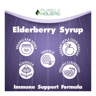 Purely Holistic Organic Elderberry Syrup For Adults & Kids (2+) - 16 Fl Oz - With Black Sambucus Elderberry, Propolis, Ecea, Raw Honey & Apple Cider Vinegar - Immune Support And Immune Booster