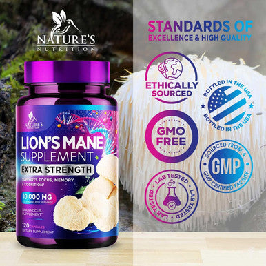 Nature'S Nutrition Nature's Mushroom Lion's Mane - Nootropic Brain Health Support Supplement - Lionsmane Mushrooms for Focus Memory & Immune Support - Lions Mane Mushroom Extract is Non-GMO & Vegetarian - 120 Capsules