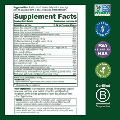 MegaFood Baby & Me 2 Prenatal Vitamins - Postnatal and Prenatal Multivitamin for Women with Biotin, Folic Acid, Choline, and More - Non-GMO - 120 Tablets