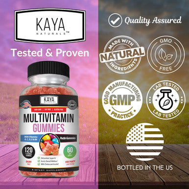 Kaya Naturals Adult Multi Vitamin Gummy, 120 Count, Biotin, Vitamin A, C & E, Including Zinc &Vitamin B-12, Folic Acid, Strawberry Flavor (120 Gummies)