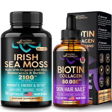 NUTRAHARMONY Liquid Biotin Collagen Drops & Irish Sea Moss Blend Capsules