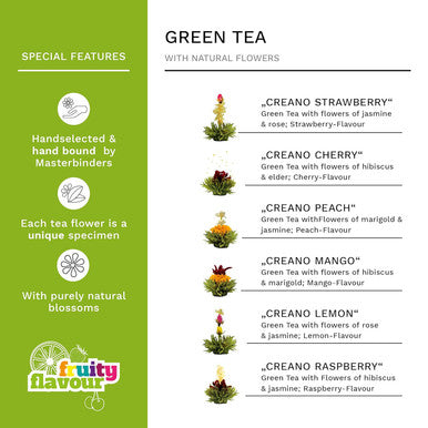 Creano Blooming Tea Set with Glass Teapot 17oz (500ml) - Green Tea Fruity Flavoured Tea Flowers in 6 Varieties - Flowering Tea for Easter