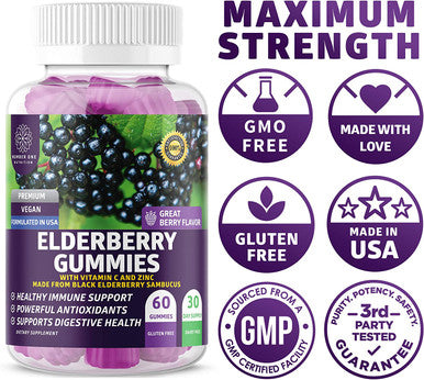 N1N Premium Elderberry Gummies for Kids Adults Max Strength with Vitamin C Zinc All Natural Antioxidant Supplement to Support Immune Health and Increase Energy Levels 60 Gummies