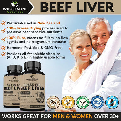 Wholesome Wellness Grass Fed Desiccated Beef Liver Capsules (180 Pills, 750mg Each) - Natural Iron, Vitamin A, B12 for Energy - Humanely Pasture Raised Undefatted in New Zealand Without Hormones or Chemicals