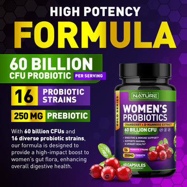 Built Nature Probiotics For Women - 60 Billion Cfus, 16 Strains, With Cranberry, D-Mannose & Prebiotics - Supports Digestive, Immune, & Vaginal Health - Non-Gmo, Dairy & Gluten-Free - 60 Veggie Capsules