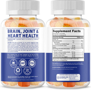 N1N Premium Omega 3 6 9 DHA Gummies Vegan Plant Based Natural Brain Immunity and Joint Health Support with Vitamin C 60 Gummies