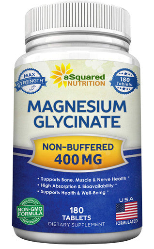 aSquared Nutrition Magnesium Glycinate 400mg 180 Tablets Max Strength Magnesium Bisglycinate Supplement - Maximum Bioavailability & Absorption Non-GMO Not Buffered Supports Muscles Bones and Heart