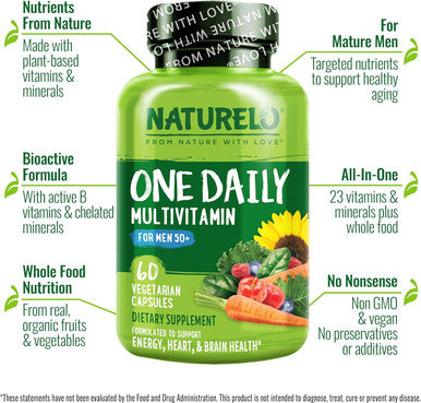Naturelo Mens Multivitamins For Men 50+ One Daily Multivitamin For Men With Vitamins Minerals and Organic Whole Foods Non-Gmo 60 Vegetarian Capsules