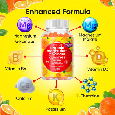 Magnesium Glycinate Chewable Gummies (600Mg) For Kids & Adults Women Men - Vegan Complex With Calcium Potassium Vitamin D B6 L-Theanine - Sugar & Gluten - Orange Flavor
